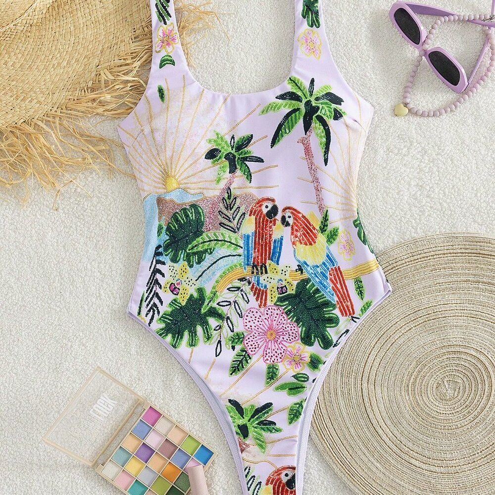 Green Cute Women's One-Piece Palm Tree Parrot Swimsuit - Picture 2 of 5
